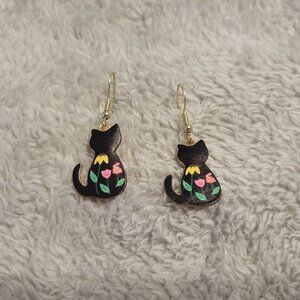 Cats Kittens Earrings One Pair Black Tulip Fish Hook Dangle Hanging E8E